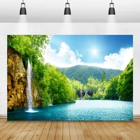 laeacco spring landscape photography backdrops mountains green forest waterfall lake scenic photo backgrounds for photo studio