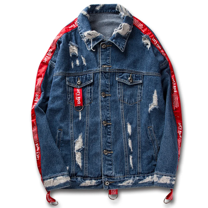 Одежда для пар джинсовая куртка 2017 мужская Hi-street ленты рукав рваные хип хоп