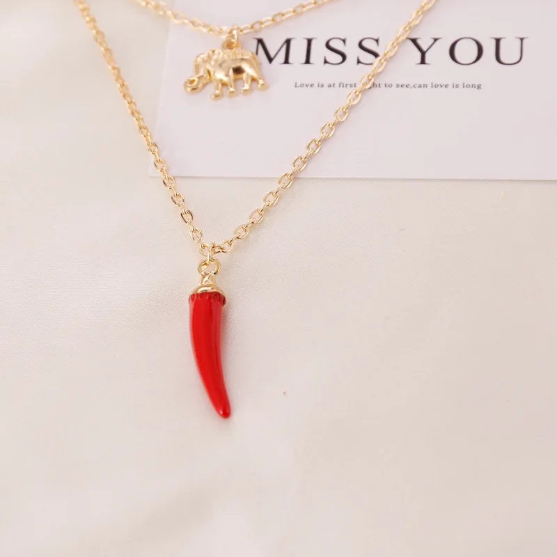 Винтажное многослойное ожерелье с подвеской в виде слона красным перцем чили и