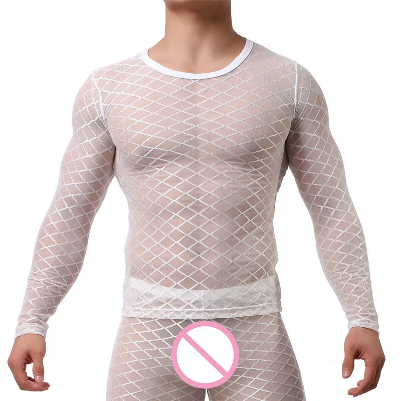 Мужские майки с длинными рукавами прозрачные сетчатые для геев нижнее белье