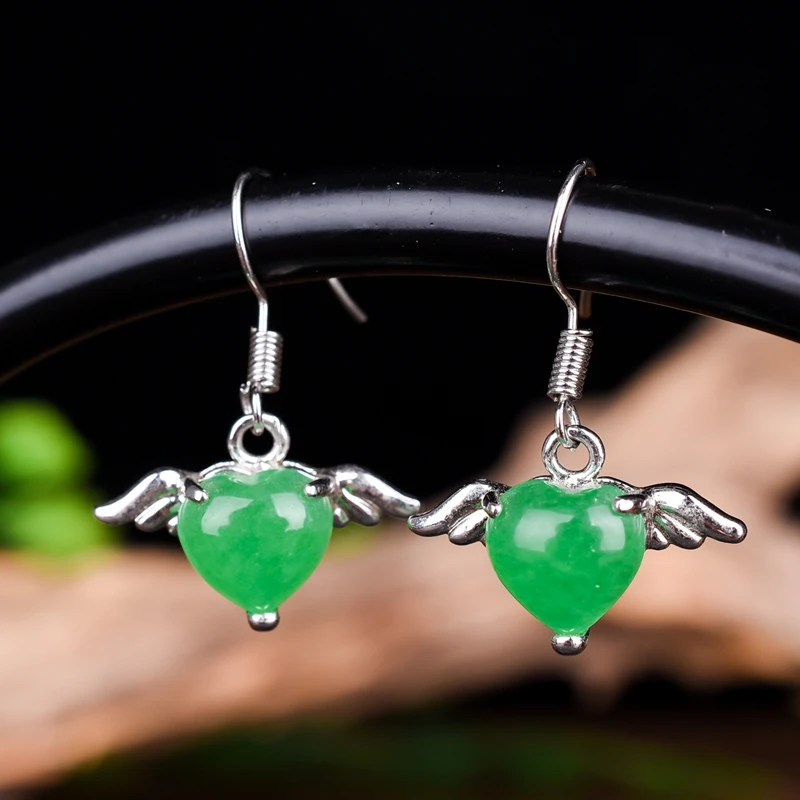 925 серебряные инкрустированные серьги с натуральным зеленым нефритовым ангелом