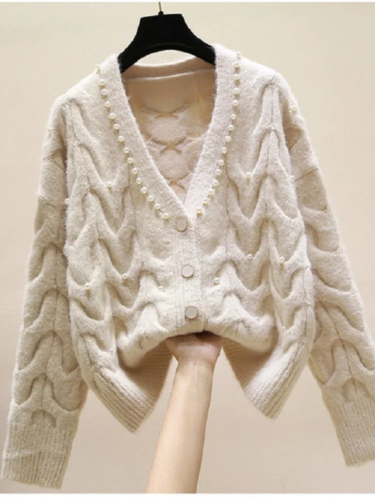 Сезон осень зима Новая нежный с v образным вырезом вязаный кардиган для женщин