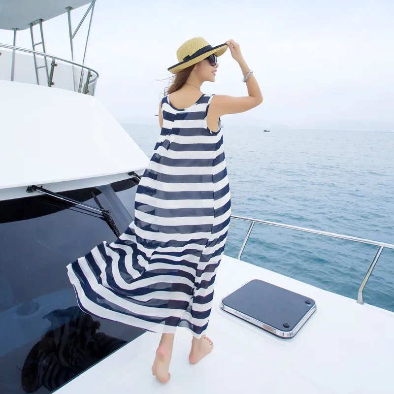 Летнее Длинное праздничное платье шифоновое в синюю полоску богемное 2020