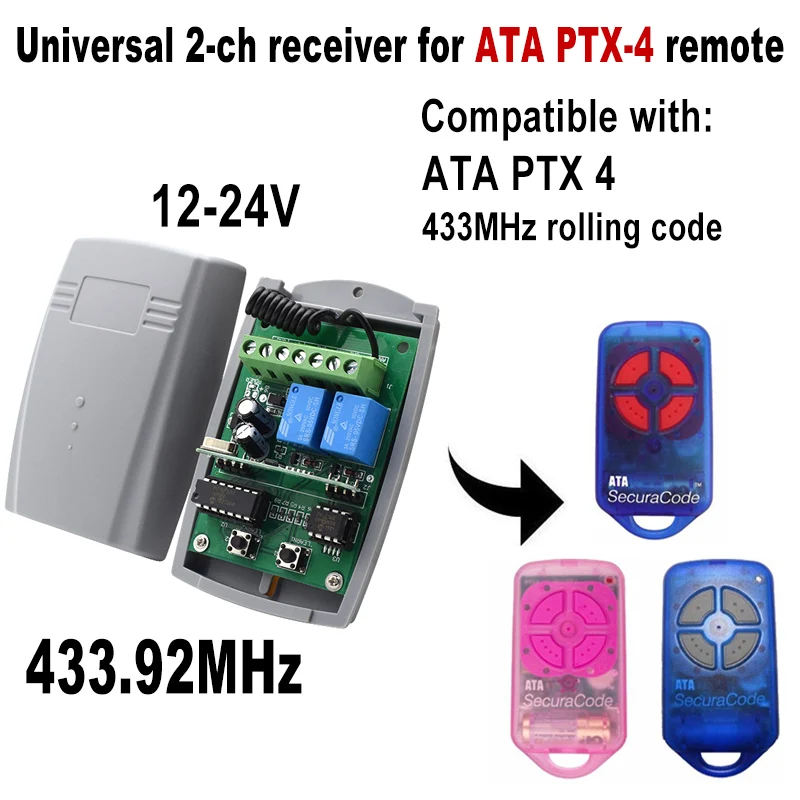 

ATA PTX4 Remote Control Receiver 12-24V 433MHz Rolling Code Remote Control PTX 4 433.92MHz Remote Switch For Garage Door Gate