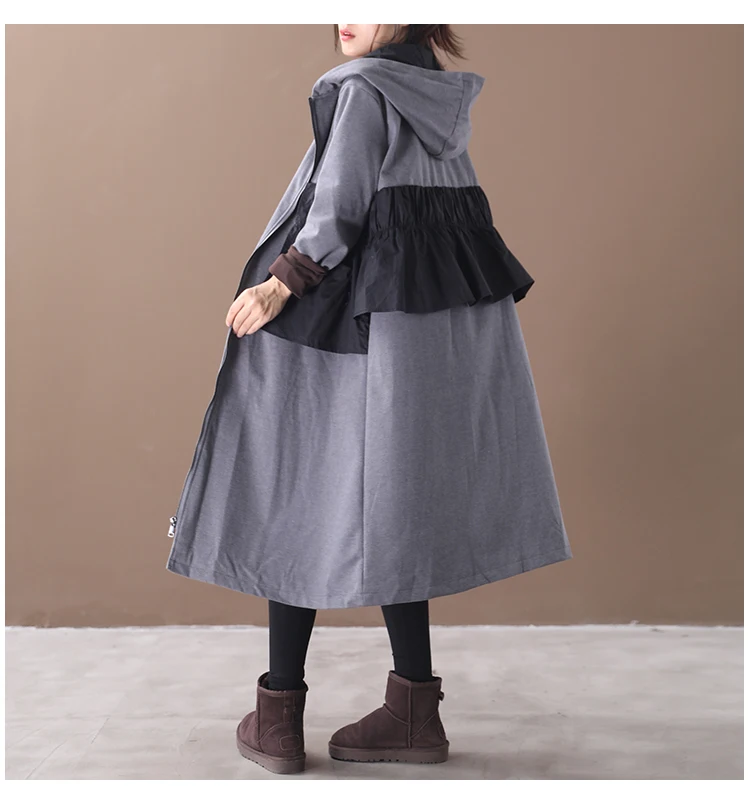 female new autumn and winter plus size korean style outerwear literary ruffled stitching hooded with velvet loose trench