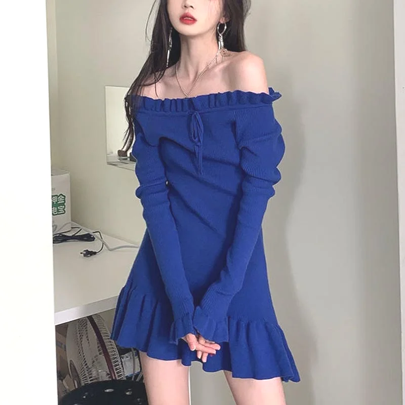 

Summer Kawaii Knitted Dress Women Sweet Blue Designer Irregular Korean Style Dress Fashion High Street Sexy Party Dress 2021 New
