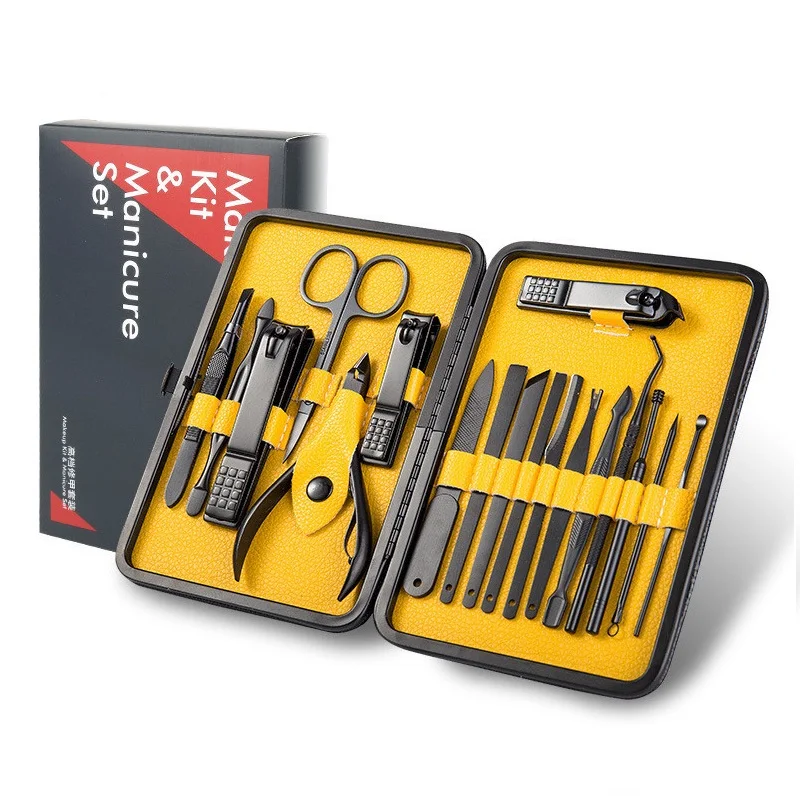 

Черный набор для маникюра и педикюра, 18 шт., ножницы, нож для кутикулы, набор для стрижки ногтей, нержавеющая сталь, инструменты для ухода за ногтями, набор для ногтей FH13