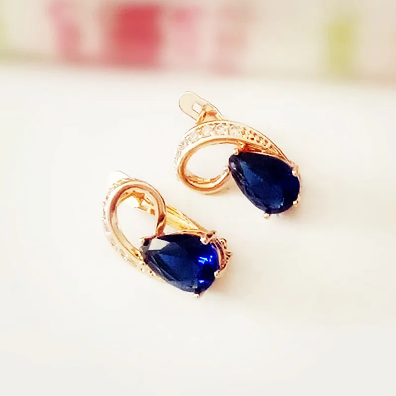 Женские длинные серьги с фианитом темно синие свадебные цвета розового золота 585