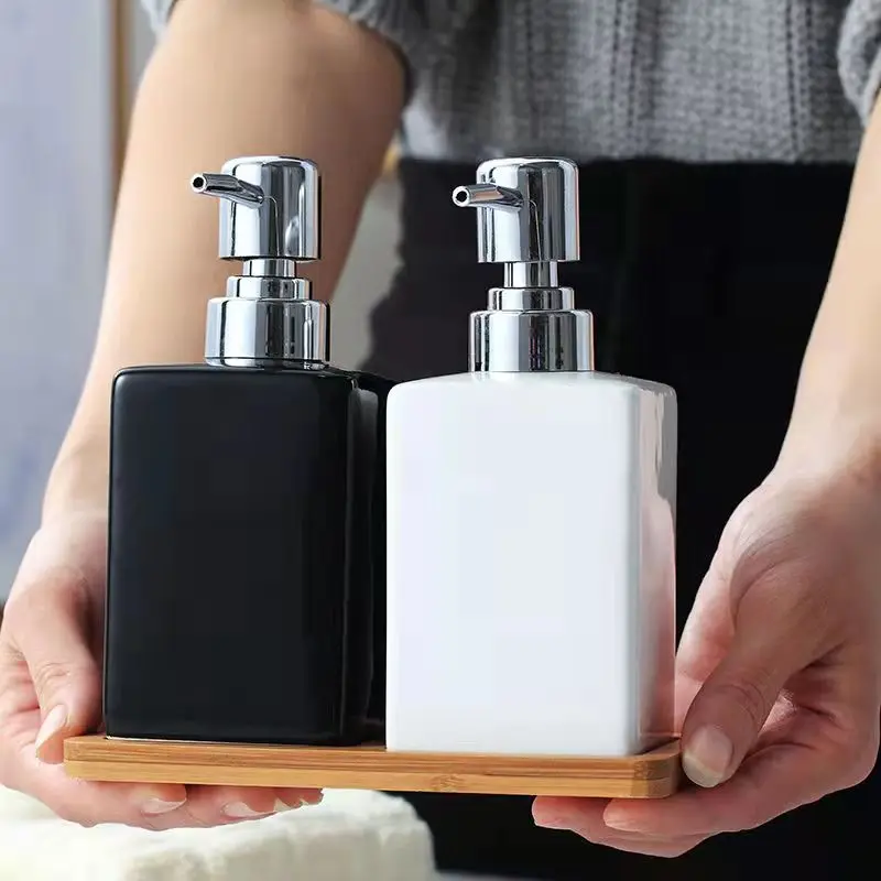 

Ceramic Hand Washing Liquid Bottling with Wash Cup Hotel Soap Dispenser Emulsion Bottle with Wood Pad Tray Bathroom Accessories