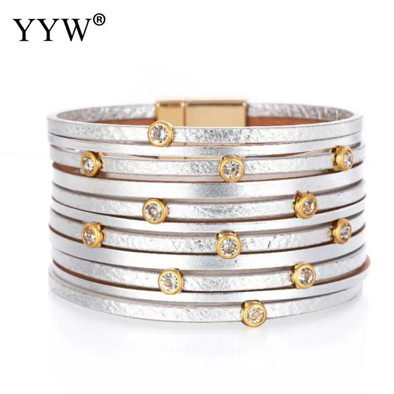 

PU Leather Bracelets for Women Rhinestone Bracelets & Bangles Retro Boho Multilayer Wrap Wide Bracelet Femme Jewelry 31x60mm #N