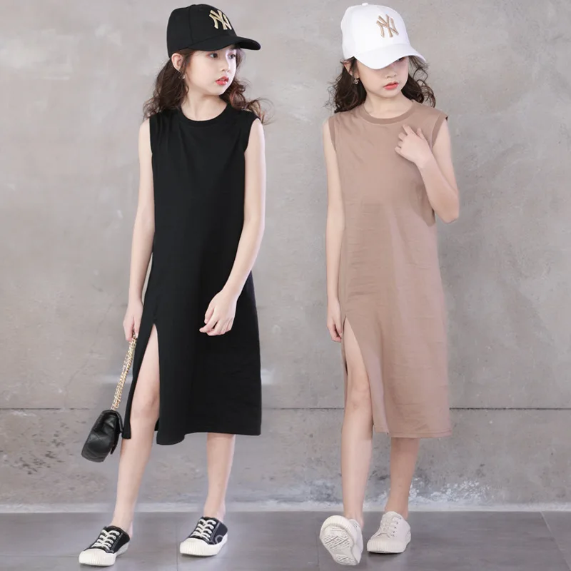 

New 2020 Summer Fashion Solid Teenager Girls Dress Children Sleeveless Casual Dresses Kids Girls Long Style Vest Dresses, #8782