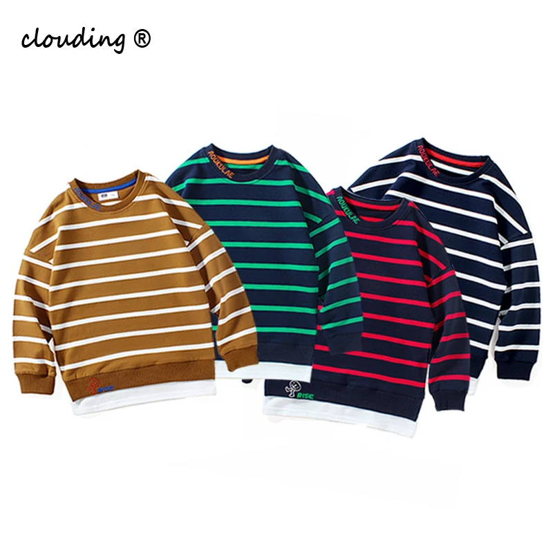 

Новинка осени 2021, детская одежда, свитер для мальчиков, полосатый Детский свитер из двух частей с имитацией двух частей и длинными рукавами