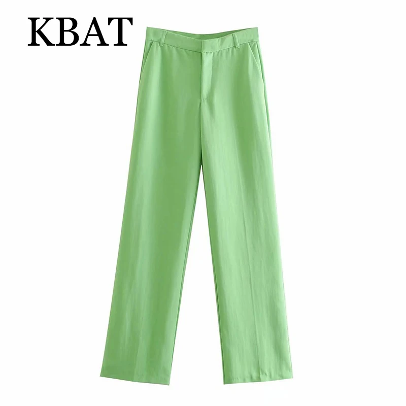 

KBAT 2021 Chic Pocket Female Blazer Trousers Suit Women Green Pant High Waist Stright Pants Office Woman Casual Suits Pants