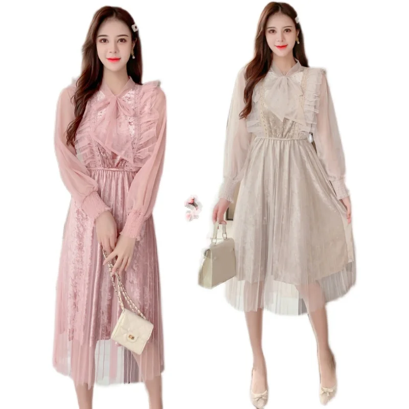 

COIGARSAM Cute Ruffles Women Long dress Spring Stand Neck Mesh Dresses Pink Apricot 9235