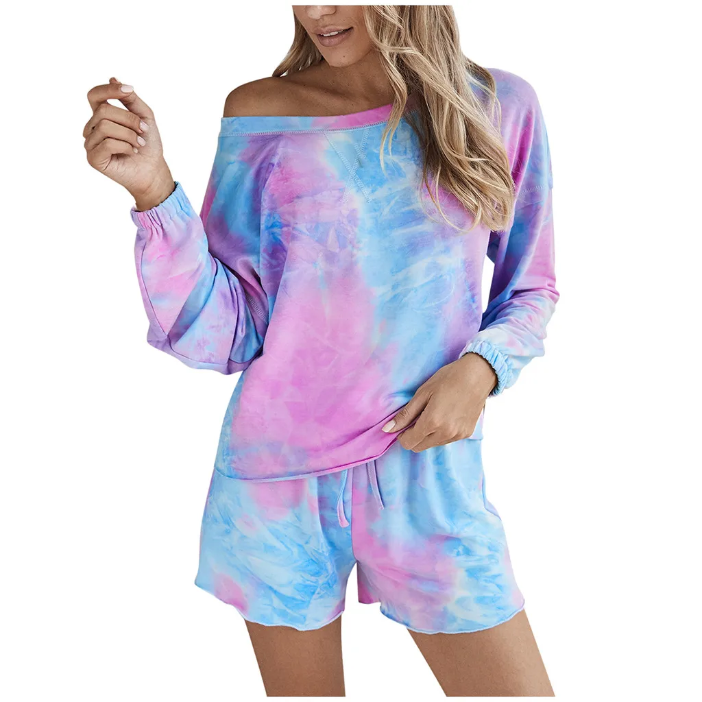 

Two Piece Sets Summer 2020 Women Casual Top Pants Sets Tie Dyed Print Long Sleeve Wear Casual Suit Conjunto 2 Piezas Mujer