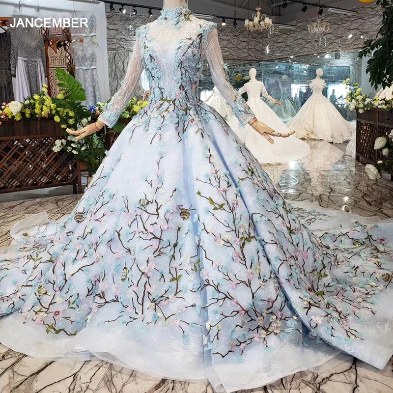 Женское вечернее платье HTL300B синее длинное с вуалью высоким воротом и длинным