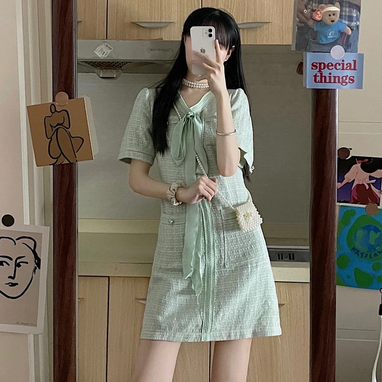 Платье женское твидовое с круглым вырезом винтажное модное мини платье зеленого