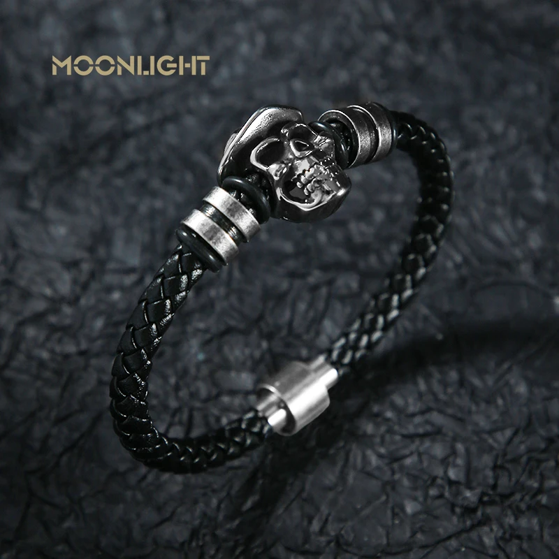 

MOONLIGHT Men Jewelry Black Braided Leather Bracelets Men Stainless Steel Leahter Bracelets Cool Skull Bracelets Men Bracelet
