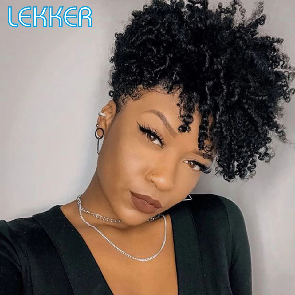 Lekker Short Cheap Pixie Kinky Curly Human Hair Wig For Black Women Brazilian Remy Hair Natural Dark Ombre Brown Afro Curl Wigs