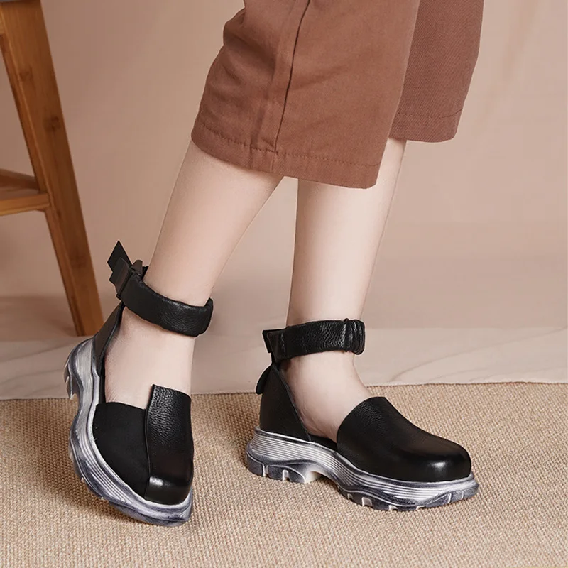 

Black Shoes Summer Women Leather Sandals Heels 4CM Gennuine Leather Shoes Women Wedge Retro Sandals Women 2021 Handmade