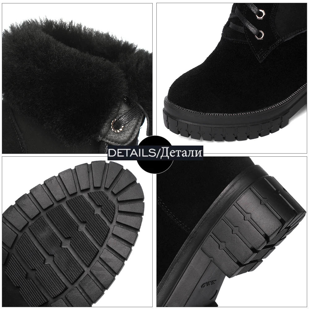 

ISNOM Women Cow Leather Ankle Boots Round Toe Lace Up Platform Warm Fur Snow Boots Fashion Outdoor Wedges Heel Winter Boots 2020