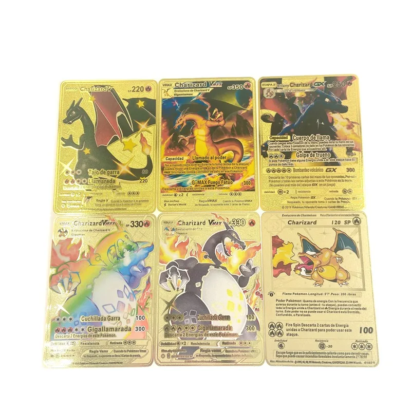 Juego de cartas de Pok&eacute;mon de Metal dorado en espa&ntilde;ol Charizard V Vmax GX, colecci&oacute;n de Anime, cubierta de entrenador de cartas de batalla, regalo para ni&ntilde;os, 6 unids/set por Set-1