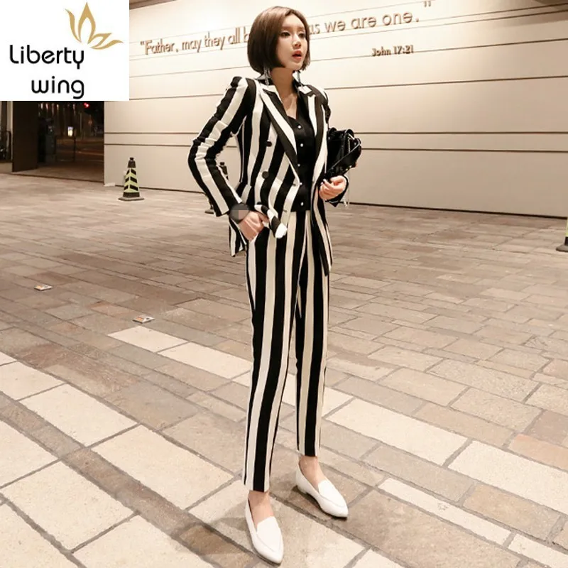 Новый Зимний женский полосатый двубортный Блейзер куртка облегающие узкие брюки