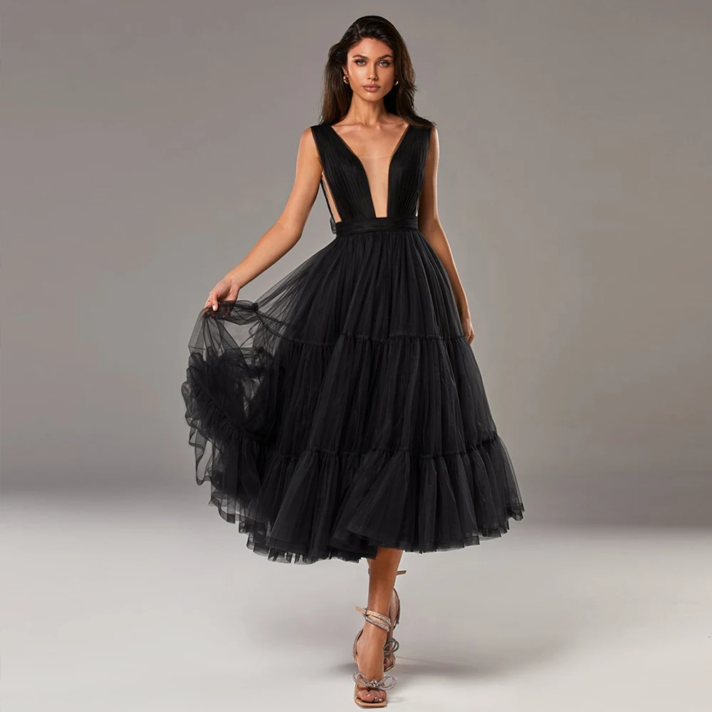 

Short Black Prom Dress For Girl V Neck Tea Length A Line Formal Party Gown Backless Tulle With Bow Draped Vestido De Noche 2021