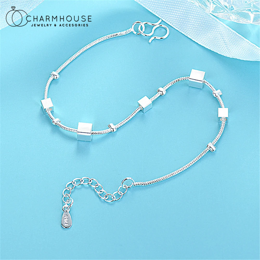 

Pure Silver Charm Bracelets For Women Cube Chain Bracelet & Bangle Pulseira Femme Trendy Jewelry Accessories Party Gifts Bijoux
