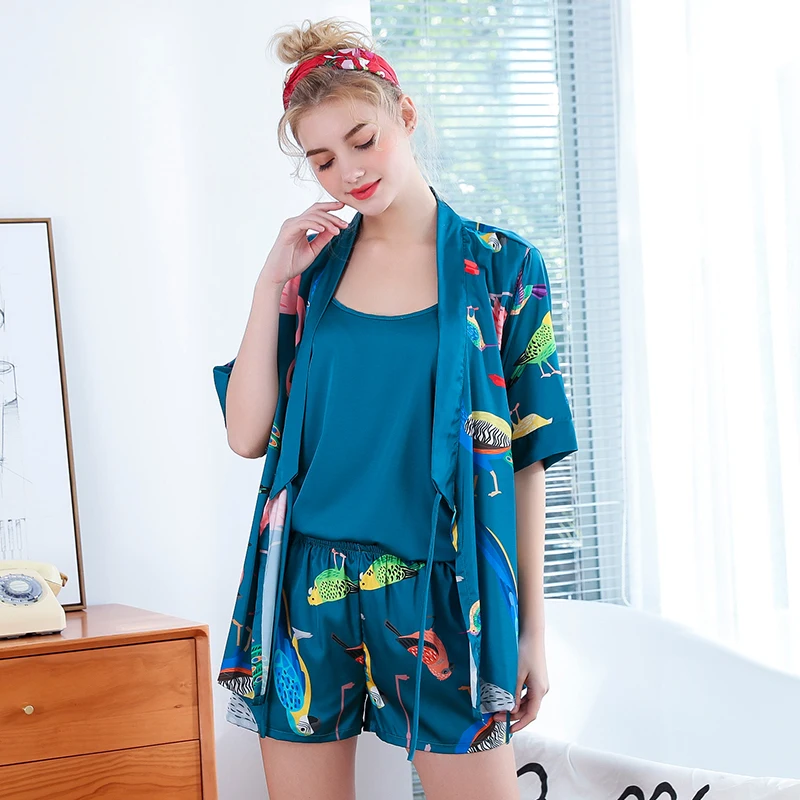 

Wasteheart Pink Green Cartoon Women's Sleep Pajama Sets Sleepwear Vest Shorts Sexy Nightwear Suits Faux Silk 3 Pieces Nightgown