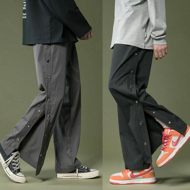 Pantalones Cargo informales con botones laterales dobles para hombre, ropa de calle suelta, Pantalones rectos, gris/Negro, primavera 2021