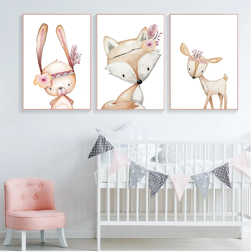 

Rabbit Fox Deer Nursery Nordic Posters And Prints Animal Wall Art Canvas Painting Wall Picture For Baby Girl Boy Kids Room Decor