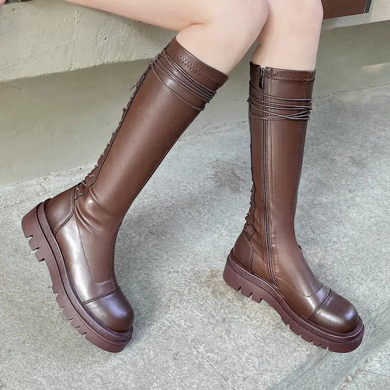 

Ботинки женские осенне-зимние, до колена, на толстом каблуке, со шнуровкой