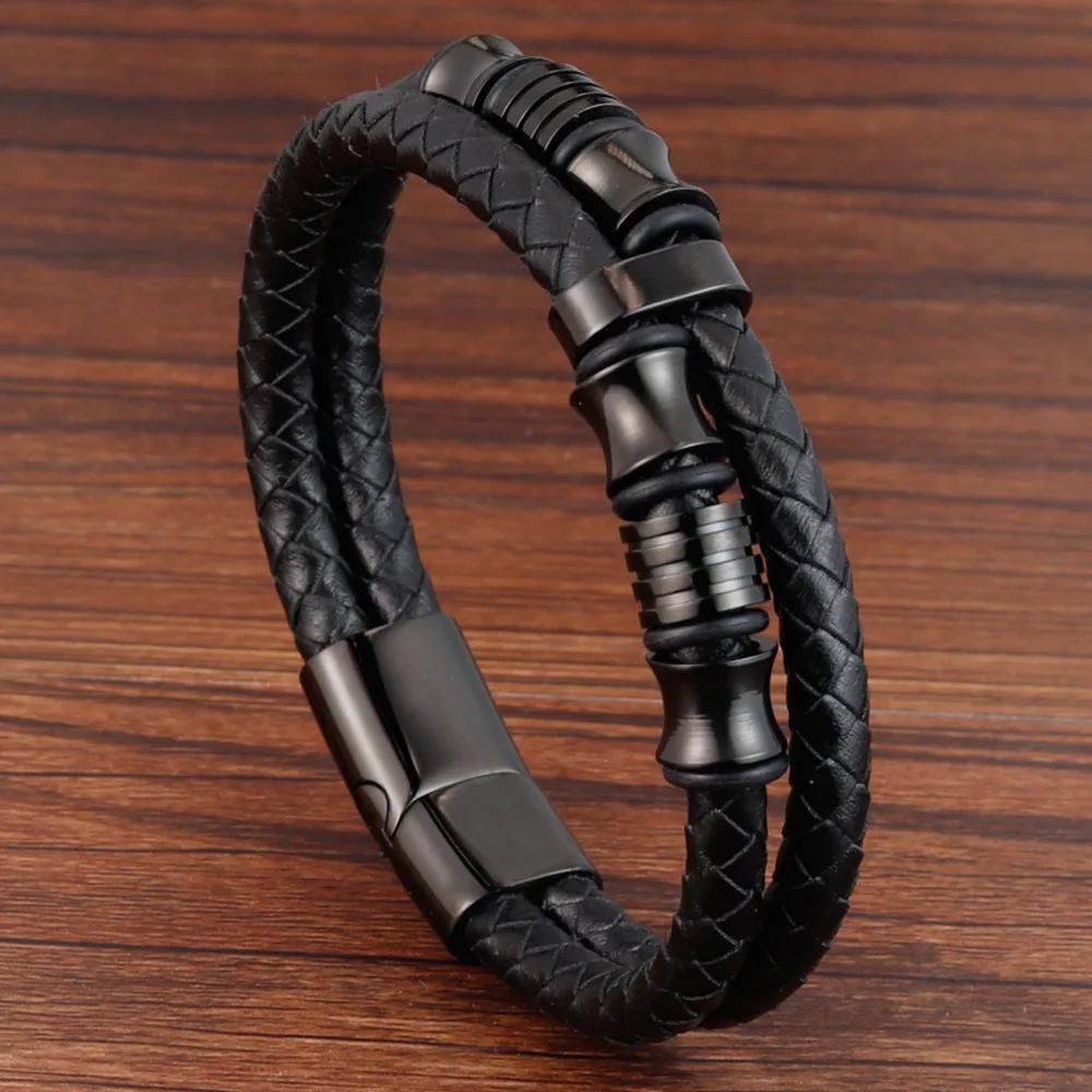

Black Leather Rope Double-Layer Stainless Steel Geometric Buckle Woven Men's Bracelet With Multilayer Leather Material Jewelry
