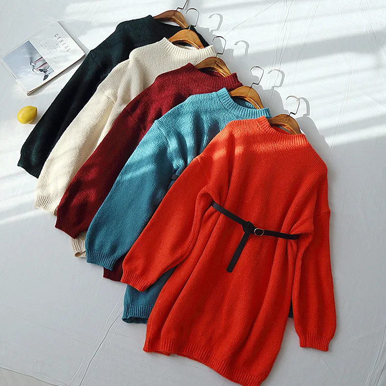 Элегантное OL Свободное длинное платье свитер с круглым вырезом женское плотное