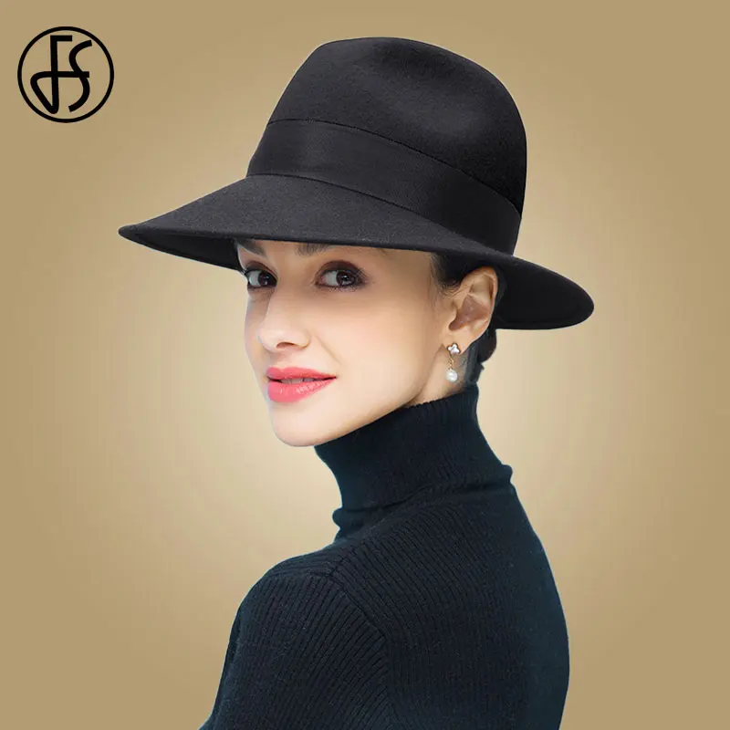Black Fedoras FS фетровая шляпа с широкими полями, верблюжья и черная женская шляпа с лентой, шерстяная фетровая шляпа, шляпа-котелок, женская шляпа, женская шляпа Трилби - Цвет: Black Fedoras
