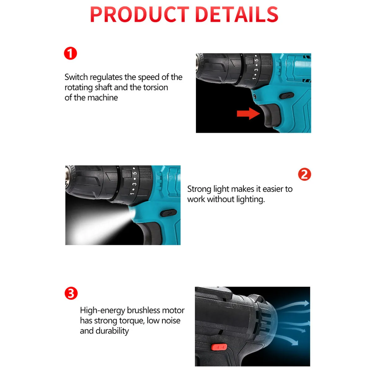 

98VF 2000r/min Brushless Cordless Drill Wireless Power Driver Electric Screwdrivers 12800mAh Lithium-Ion Battery 35N.M Torque