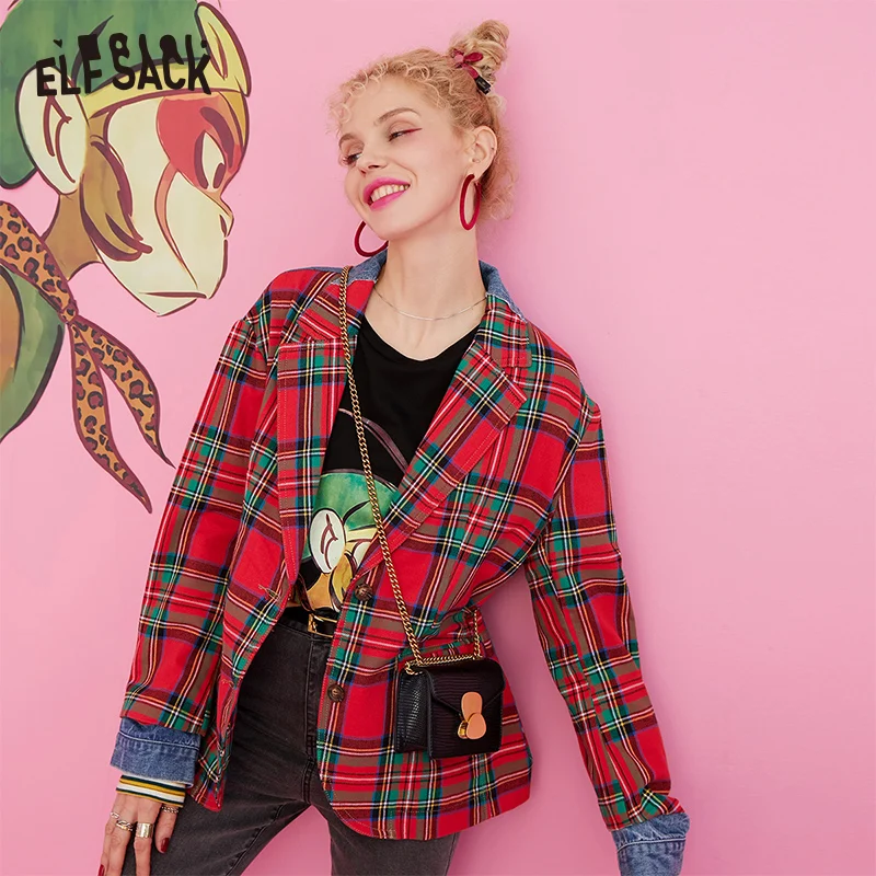 ELFSACK клетчатый Джинсовый блейзер в стиле пэчворк для женщин осень 2019 корейский