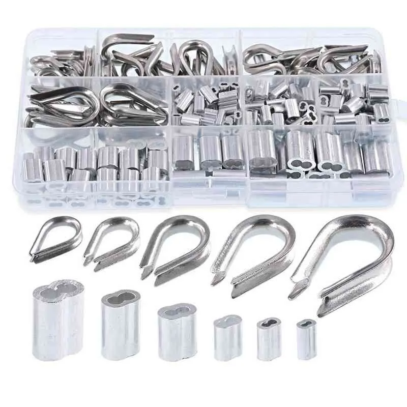 

250Pcs Wire Rope Cable Thimbles Combo And Aluminum Crimping Loop Sleeve Assortment Kit For Wire Rope Cable Thimbles Rigging