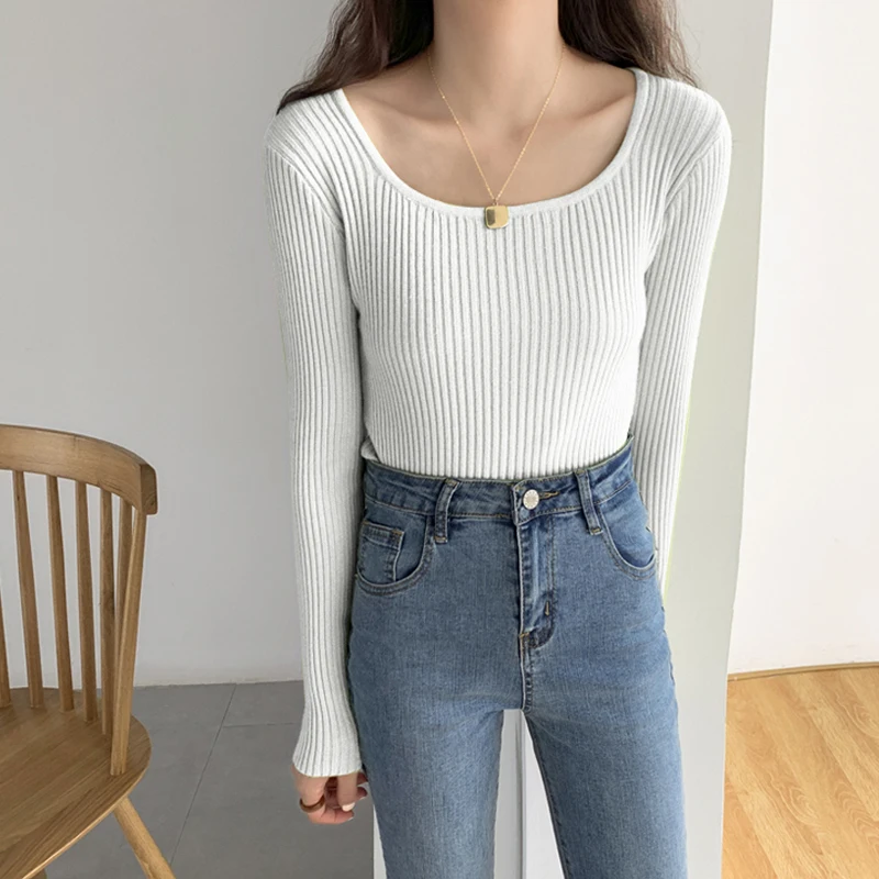 

2022 Autumn Women Bottoming Sweater Sexy O Neck Knitted Sweater Korean Pullover Women Knitted Top Fashion Clothes Elegant 17957