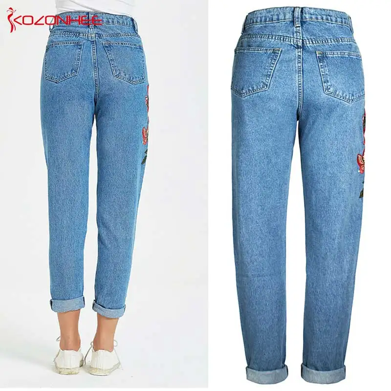 Хлопковые неэластичные джинсы с вышивкой для мам высокой талией вышитыми розами