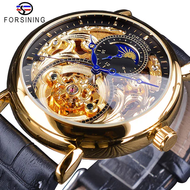 GMT1125-2 Forsining белый золотой скелет часы модные синие руки Мужские автоматические часы лучший бренд класса люкс черный натуральная кожа ремешок - Цвет: GMT1125-2