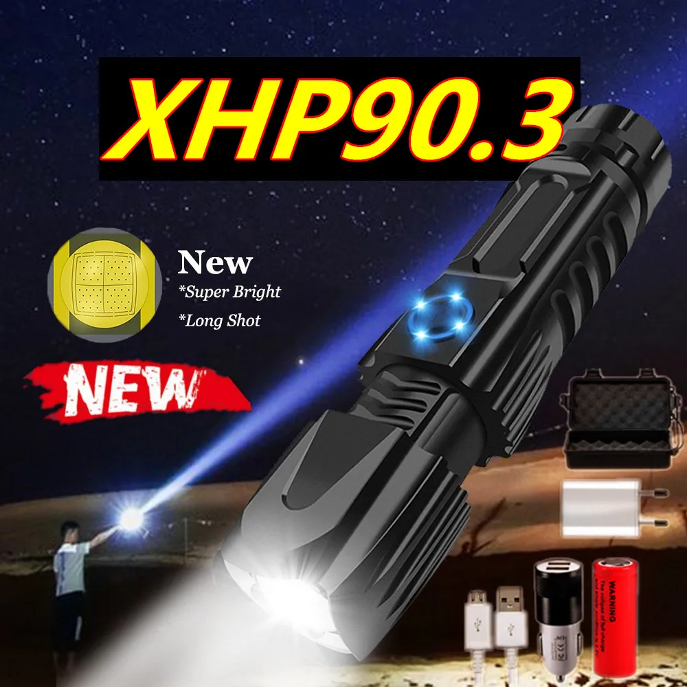 Самый мощный XHP90.3 Xlamp фонарь Тактический 80000lm USB Перезаряжаемый водонепроницаемый
