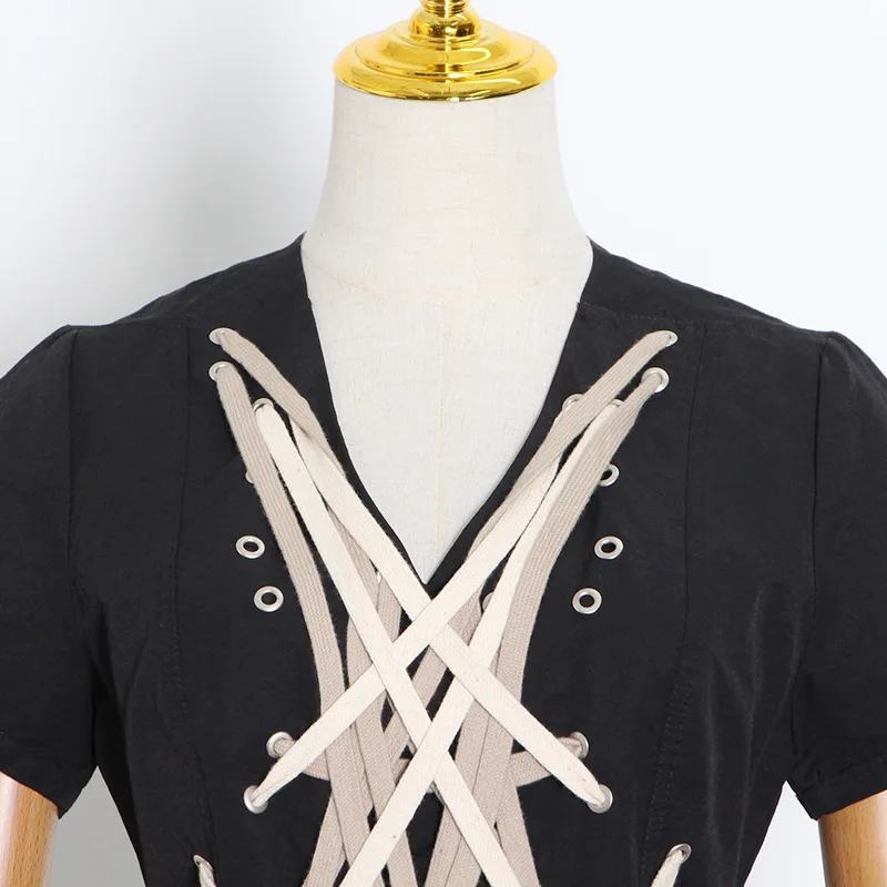 

Chic Criss-Cross Bandage Drawstring Decoration Mini Dresses for Women Silm Waist Elegant One Piece Fashion Office Lady Vestidos