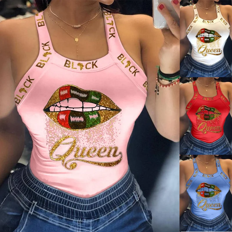 

Tank Tops Women U Neck Letter Print Lips Vest Summer Ladies Harajuku Shirts Slim Fit Polyester Sleeveless Top Tshirts