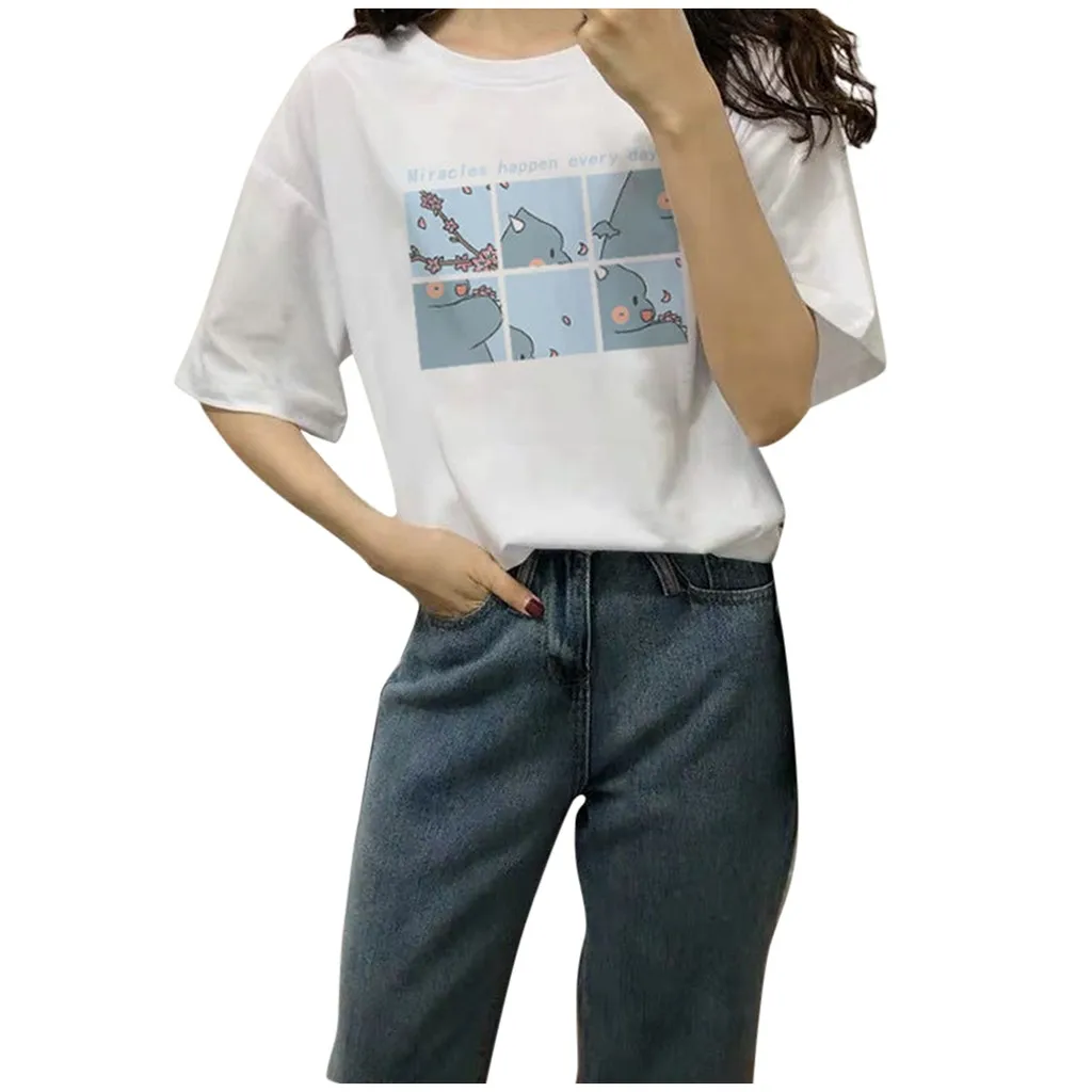 Корейская свободная Базовая футболка с мультяшной вышивкой Осенние простые