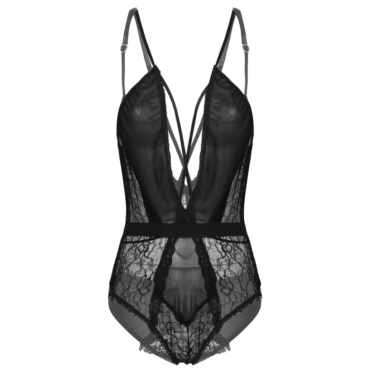 

S-5XL Women See Through Sheer Lace Mesh Lingerie Sexy Sissy Deep V Neck Sleeveless Backless Straps Crisscross Leotard Bodysuit