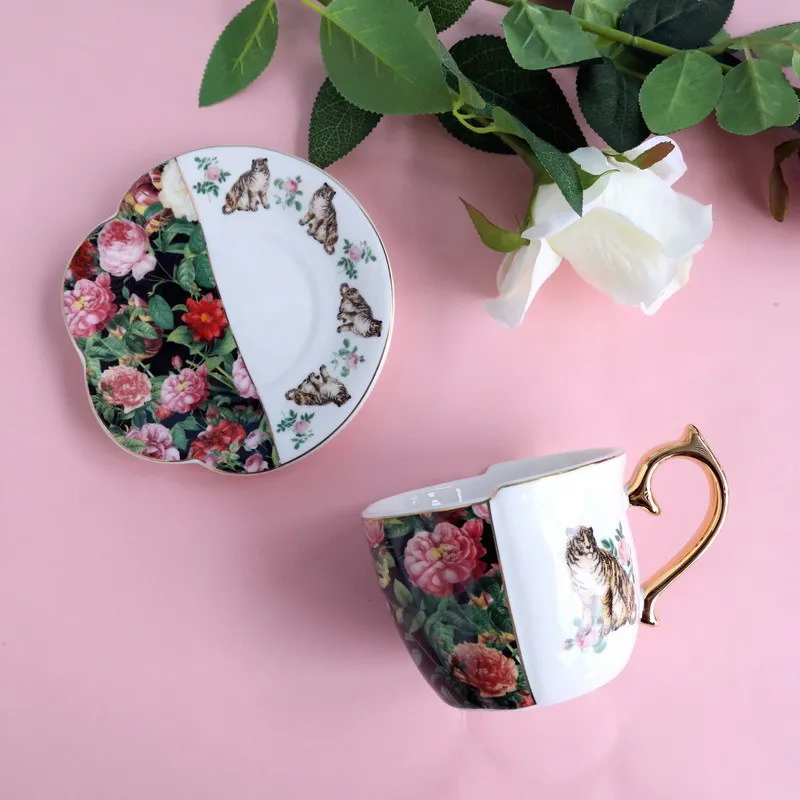 

Tiger Flower Coffee Cup Saucers Retro Luxury Gold Edge Mug with Dish Funny Coffee Set Afternoon Ceramic Irregular Tea Tumbler