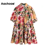 aachoae women vintage printed mini dress summer puff short sleeve chic dresses turn down collar loose shirt dress vestidos