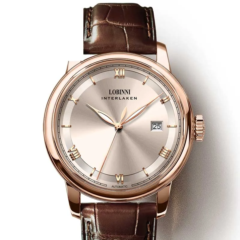 Rose Gold Brown LOBINNI брендовые роскошные механические часы Мужские автоматические часы мужские s сапфир наручные часы мужские 50 м Водонепроницаемые кожаные Reloj Hombre - Цвет: Rose Gold Brown